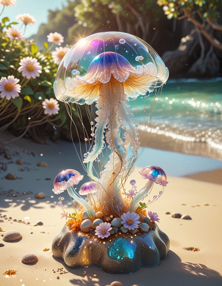Mystical Jellyfish Crystal Sculpture in Fantasy 3D Art