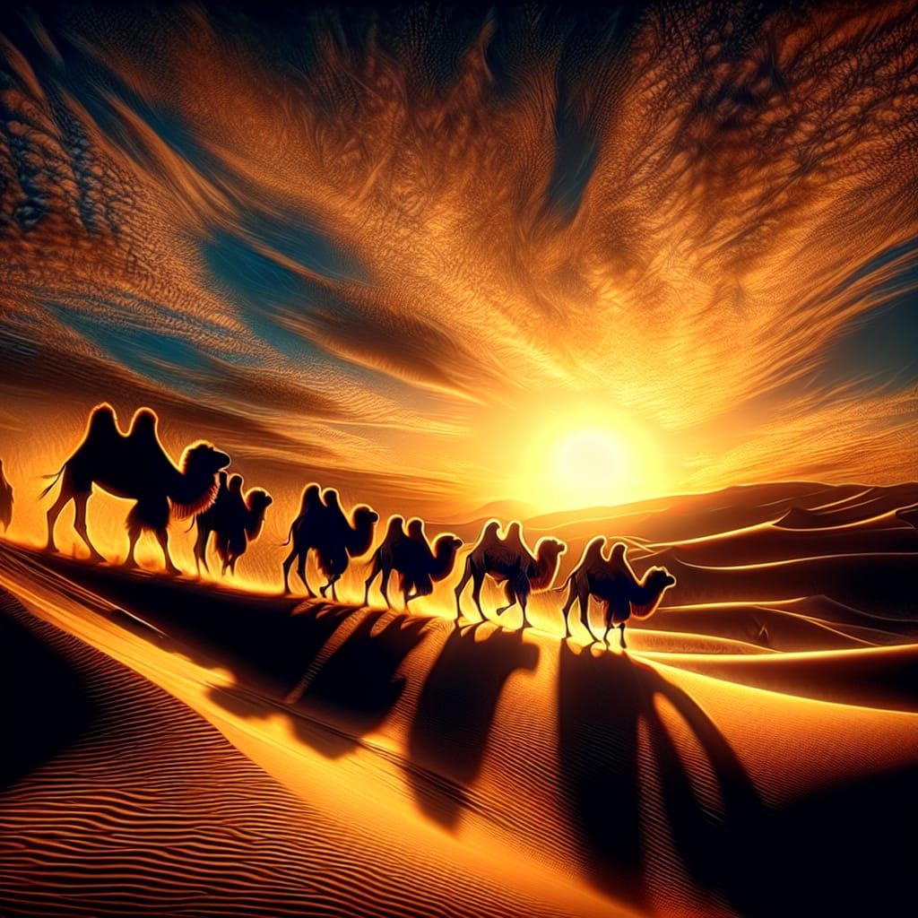 Desert Sunset Caravan Portrait in Hyper-Realistic Style
