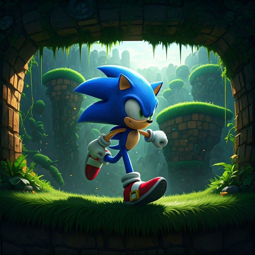 Sonic Running Through Green Hills: Detailed Matte Painting