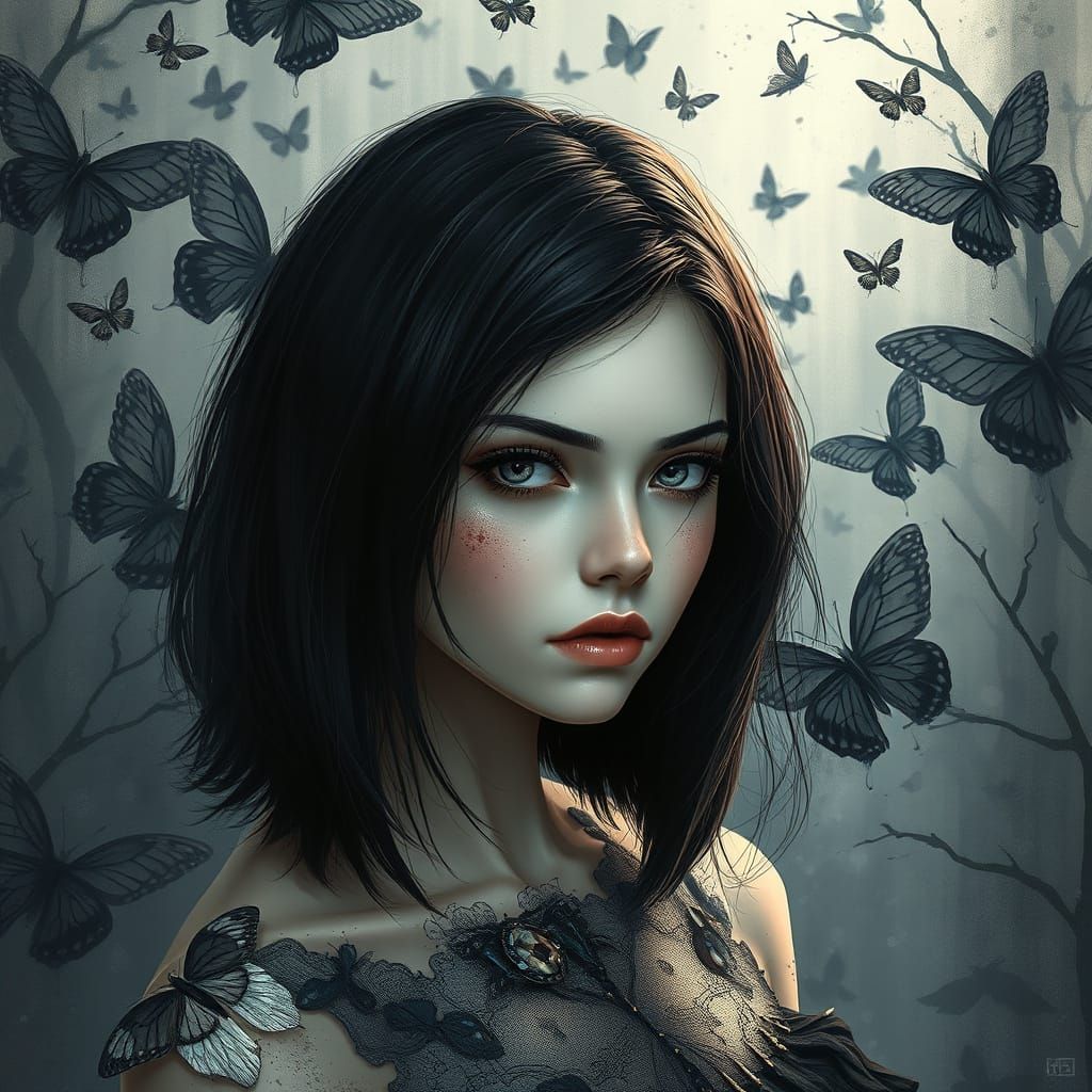 "3D illusion of Otherworldly butterflies wonderland at background. Pale skin layered contrast black fine mid cut hair be...
