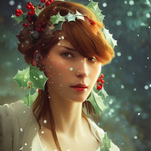 Detailed Mistletoe Portrait in Art Nouveau Style