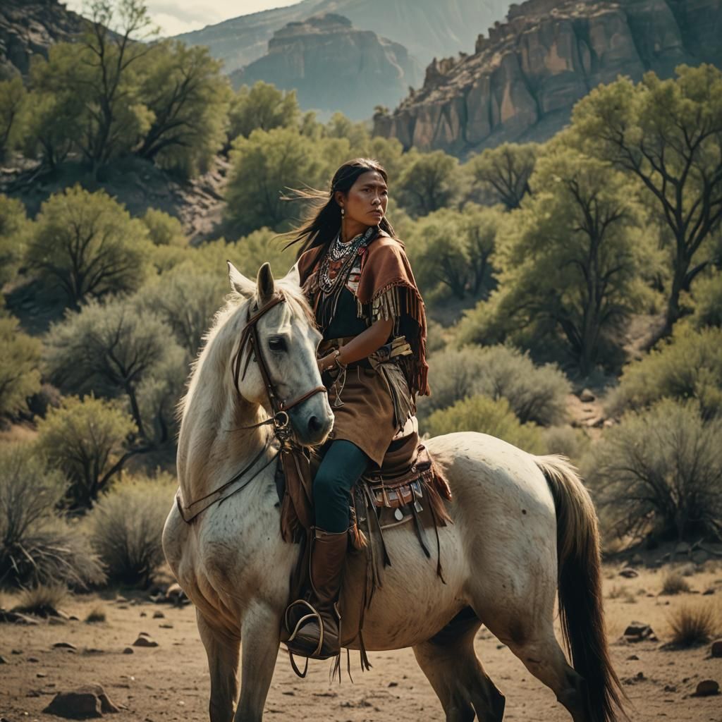 Native American Woman Rides Horse: Cinematic Film Still