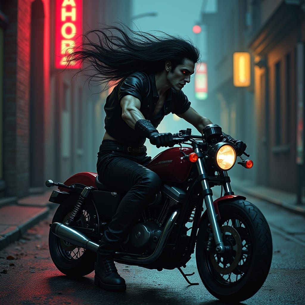 Vampire Biker in Dim Alleyway, Dark Fantasy Art