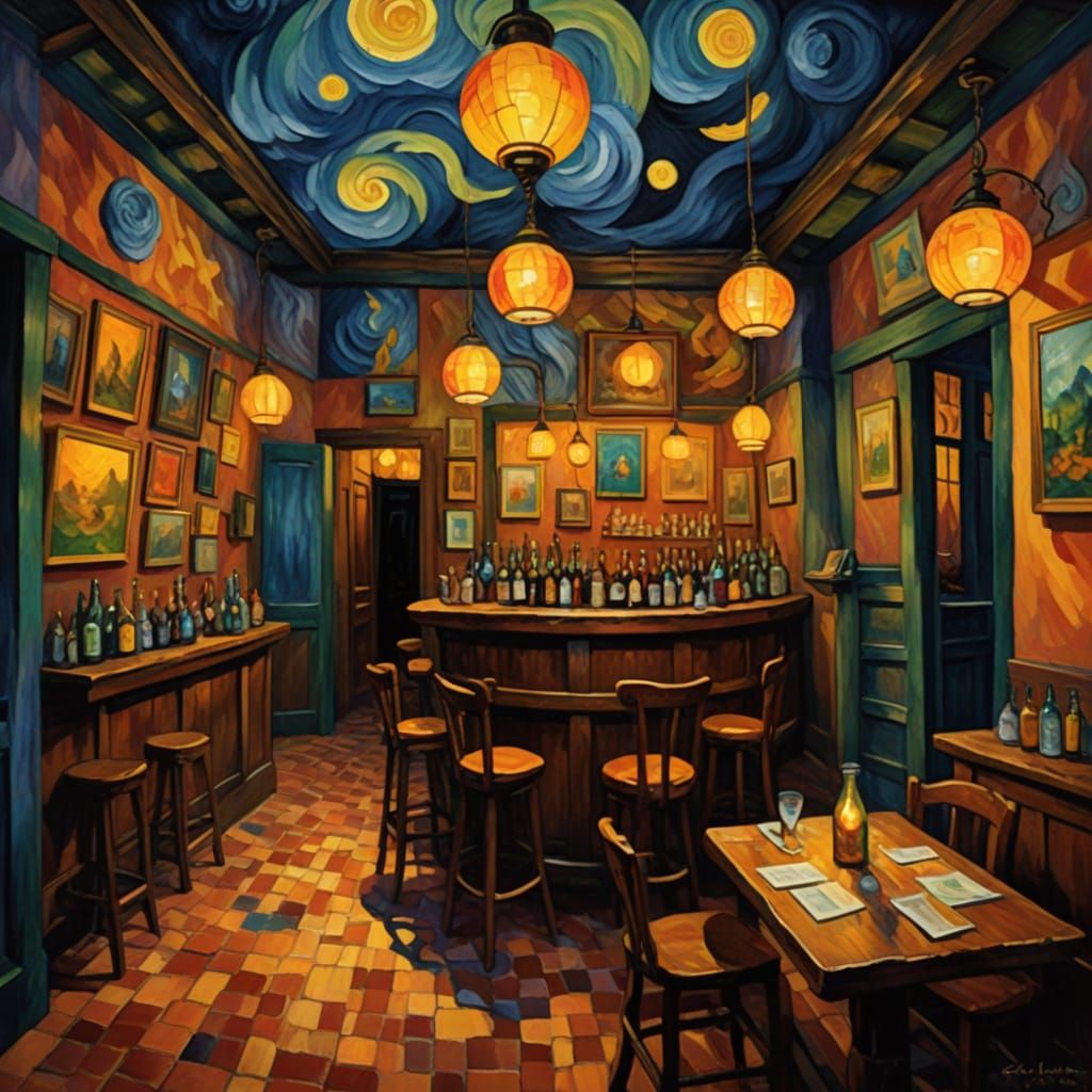 Vibrant Fantasy Bar in Expressionist Oil Painting