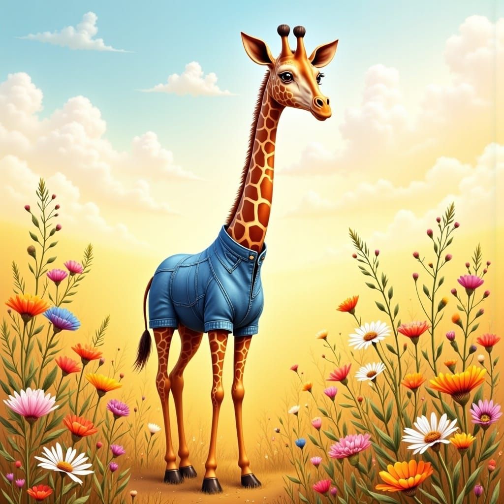 Whimsical Denim-Clothed Giraffe in a Dreamlike Savannah Scen...