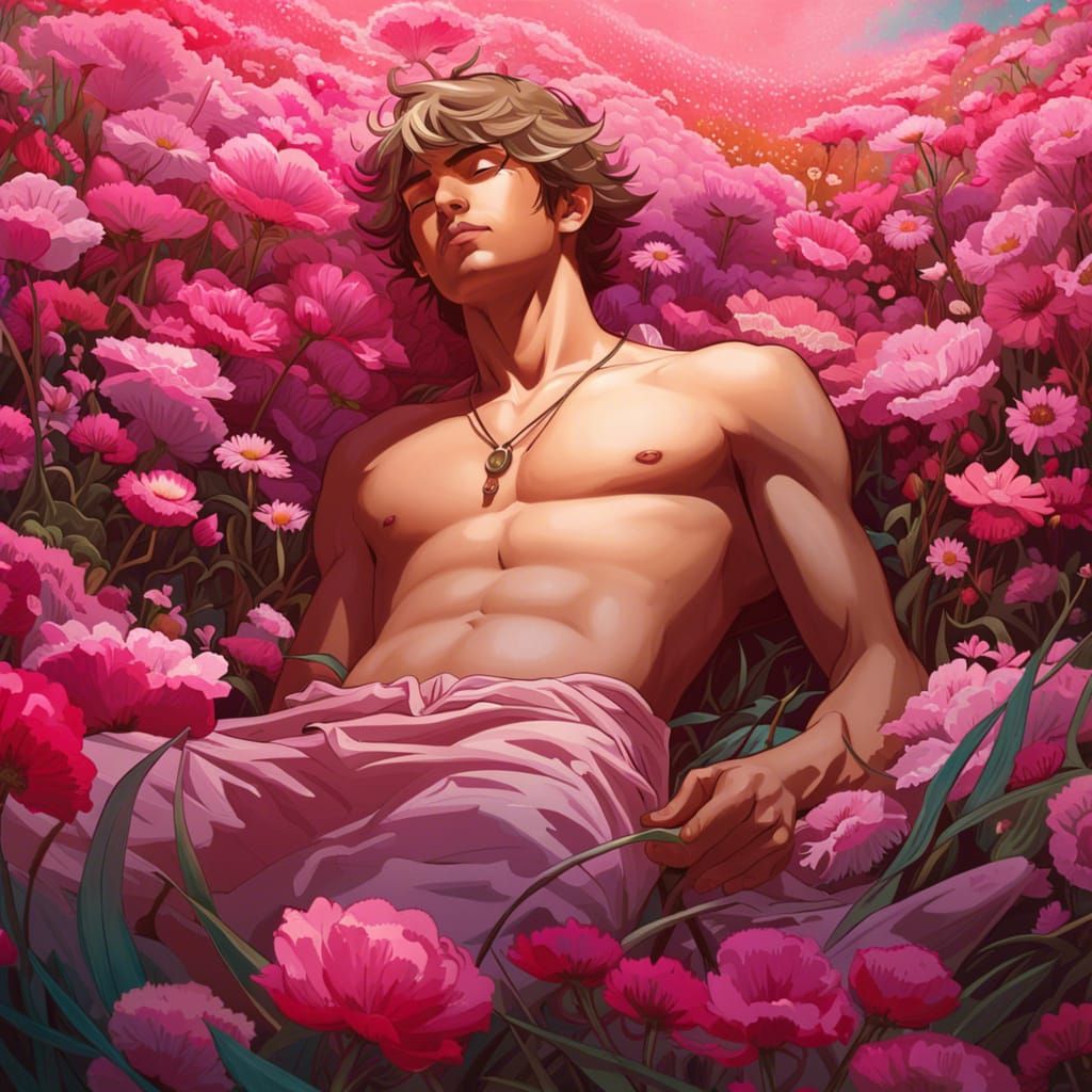 Shirtless Man in Field of Pink Flowers, Art Nouveau