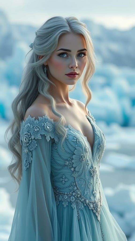 Ethereal Woman in Ice-Blue Gown Stands Amidst Glacial Sereni...