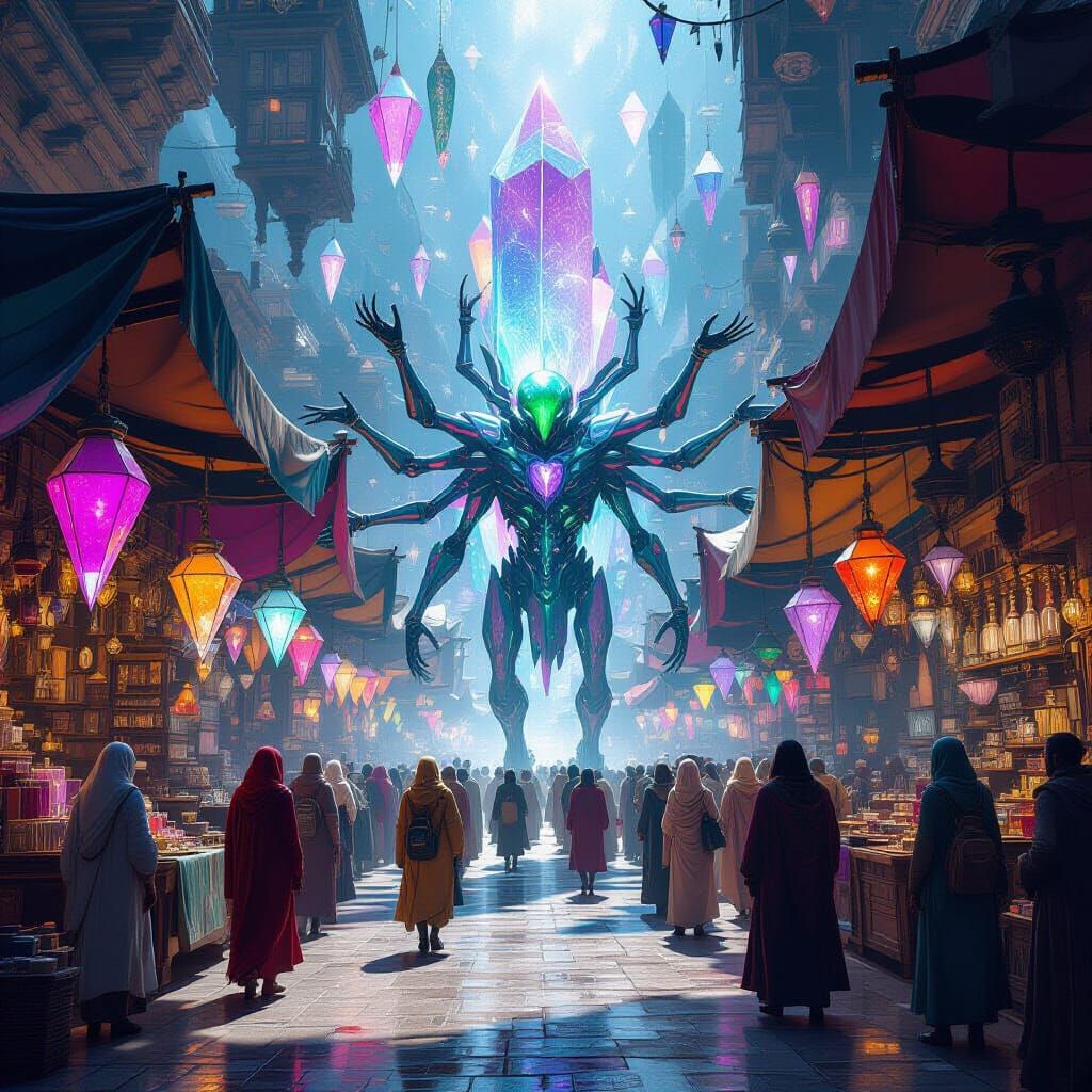 Alien Marketplace With Multi-Armed Vendor Selling Dream Crys...