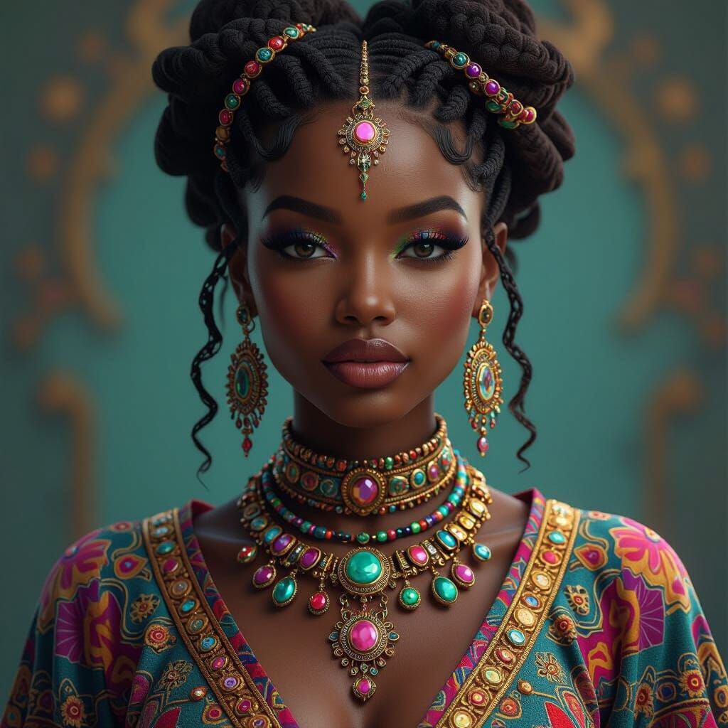 Futuristic African American Woman in Detailed Colorful Attir...
