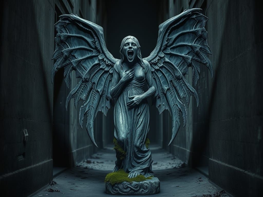 Eerie Weeping Angel Statue in Dim Alleyway