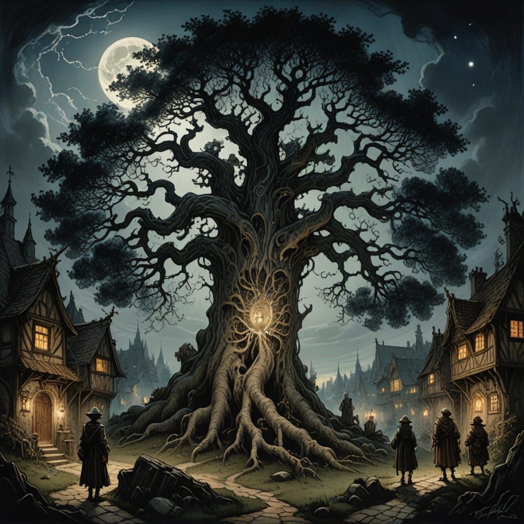 Ancient Tree City Labyrinth Dark Fantasy Illustration