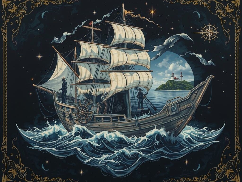 Surreal Maritime Double Exposure in Cyberpunk Aesthetic