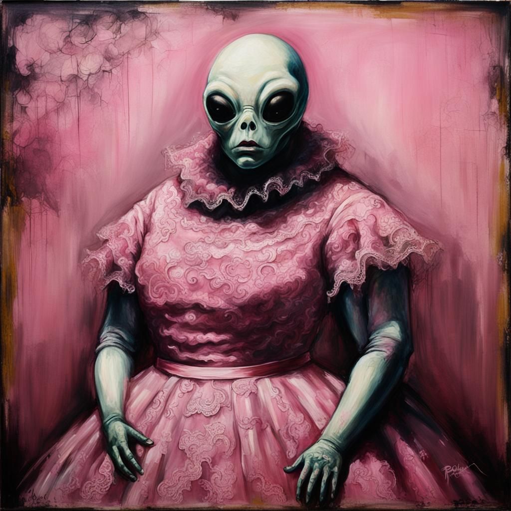 Alien in Pink Dress: Grotesque Oil Painting