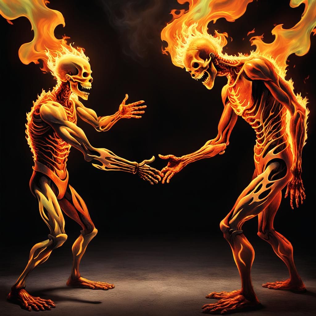 Flaming Handshake Before Ancient Doorway: Fantasy Concept Ar...