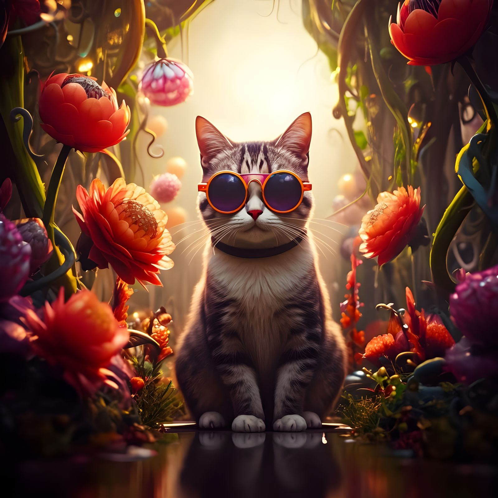 Cat in Sunglasses in Detailed Fantasy Garden