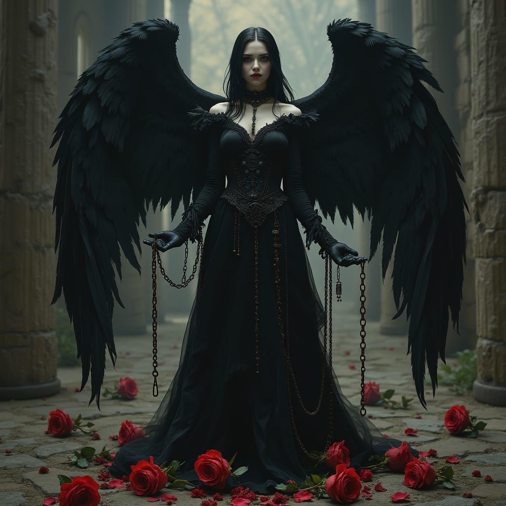 Gothic Angel in Dark Victorian Attire with Black Wings and C...