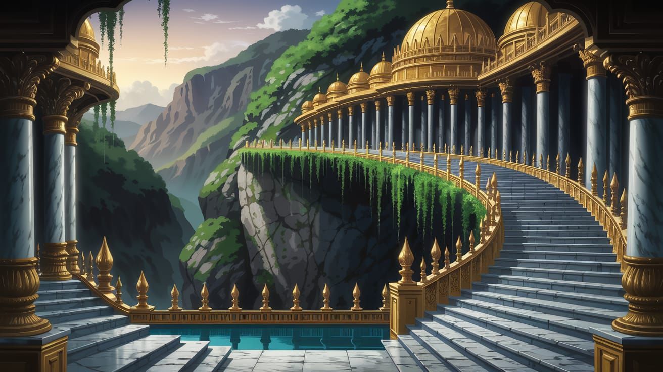 Majestic Ivory Temple on Mountain Side, Golden Pillars