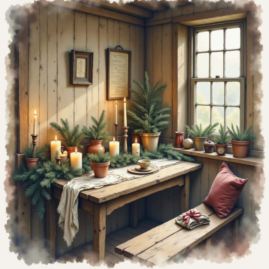 Rustic Christmas Cottage Interior in Watercolor Style