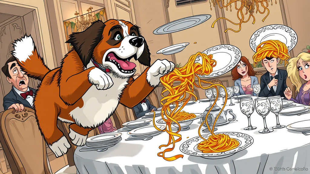 Comical St. Bernard Chaos at Dinner Table