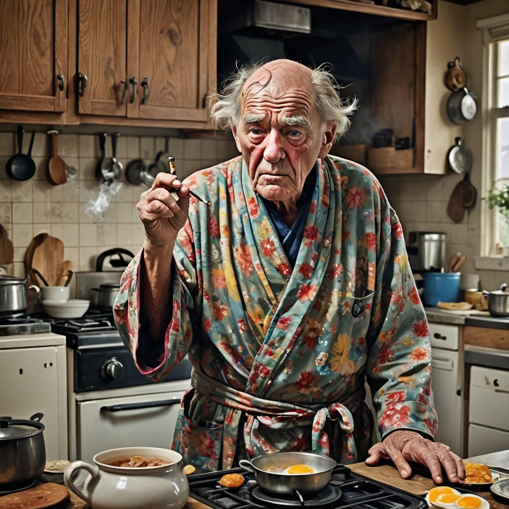 Grumpy Elder Burning Breakfast: A Whimsical Portrait