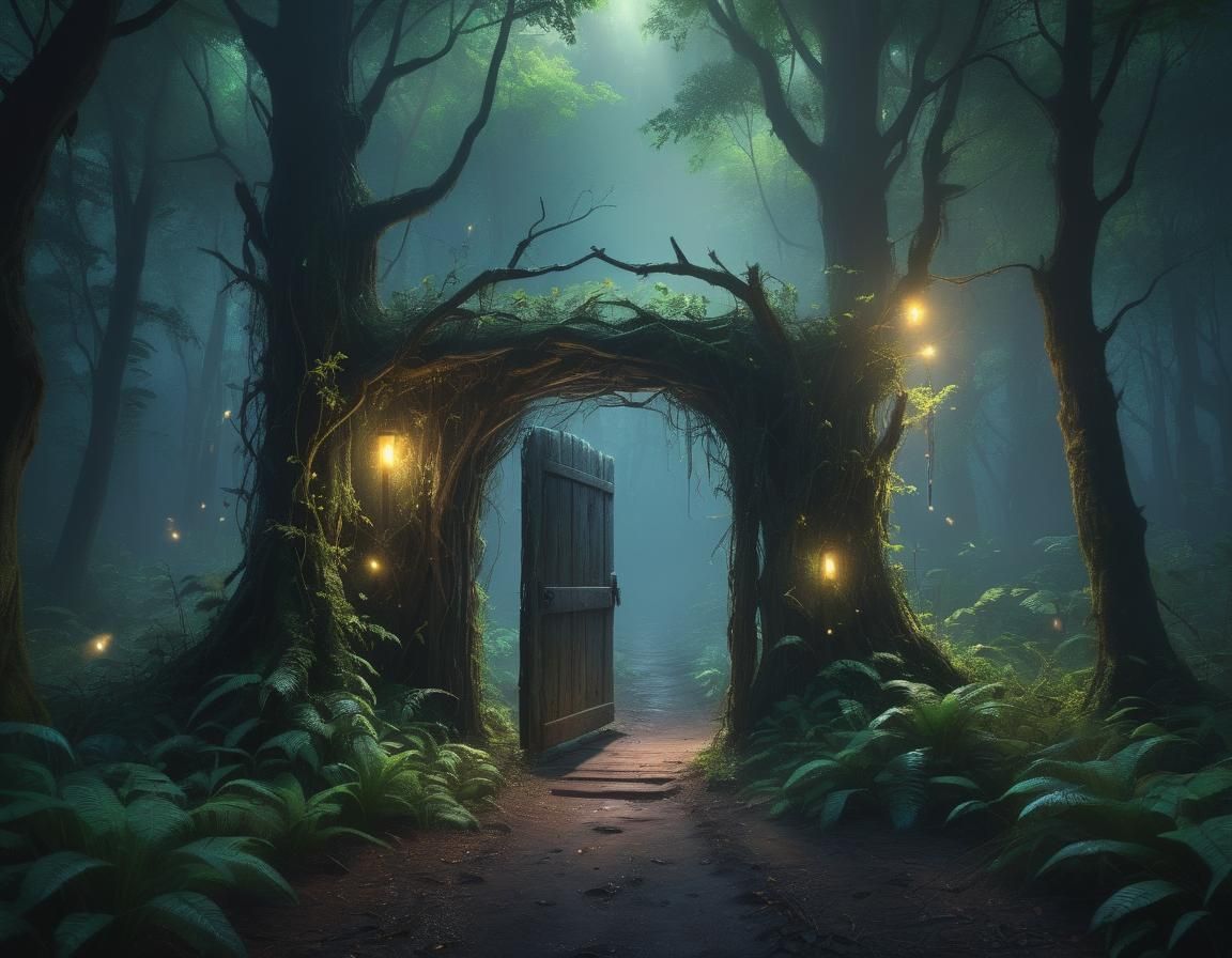 Mystical Doorway in Neon Lit Forest