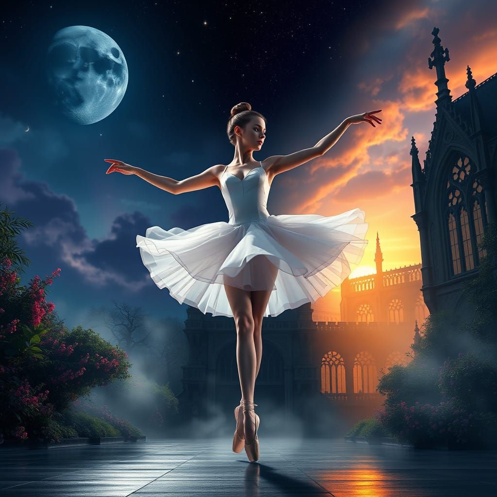 Ethereal Ballerina Dances Between Night and Morning in Dream...