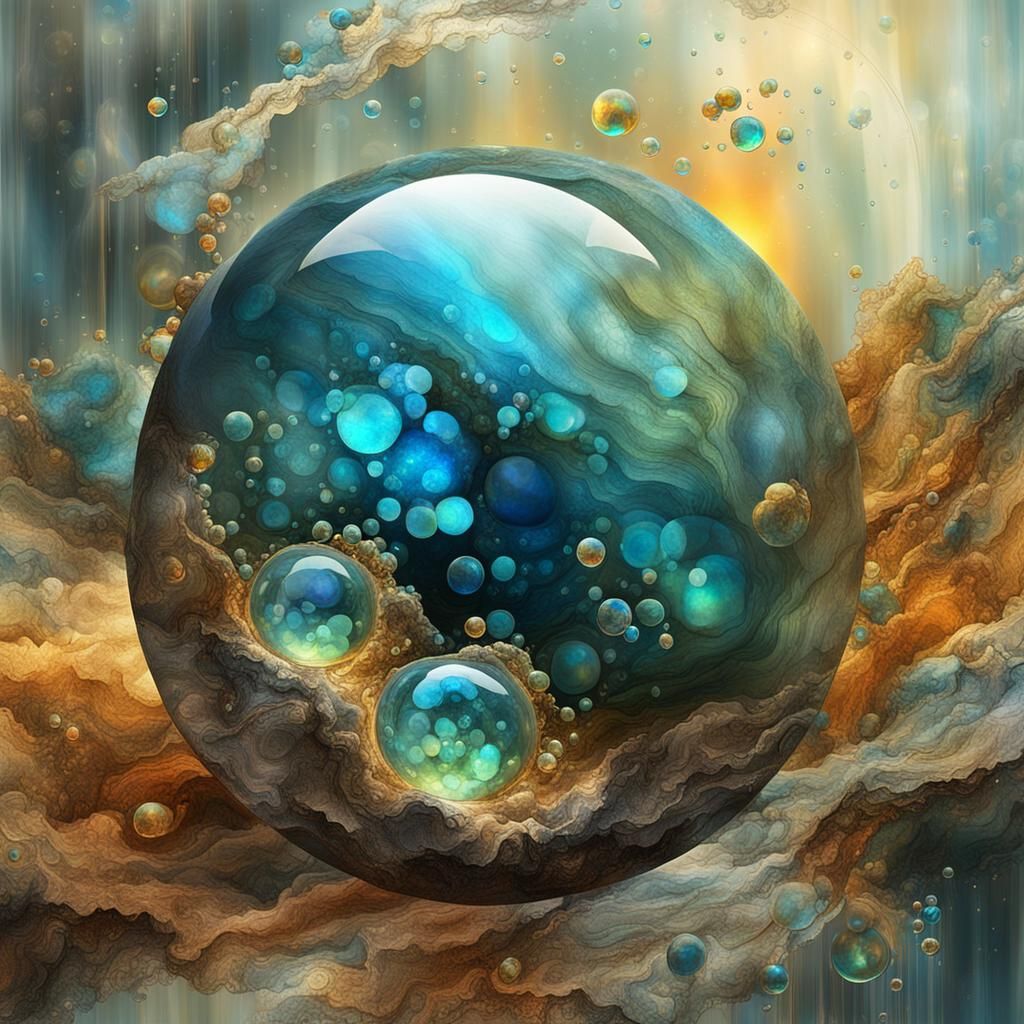 Surreal Labradorite Landscape with Bubbles: Abstract Art