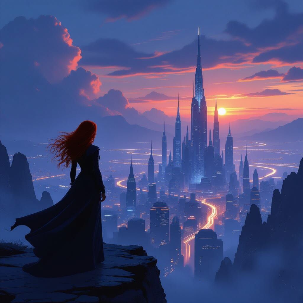 Woman Overlooking Futuristic Cityscape at Dusk