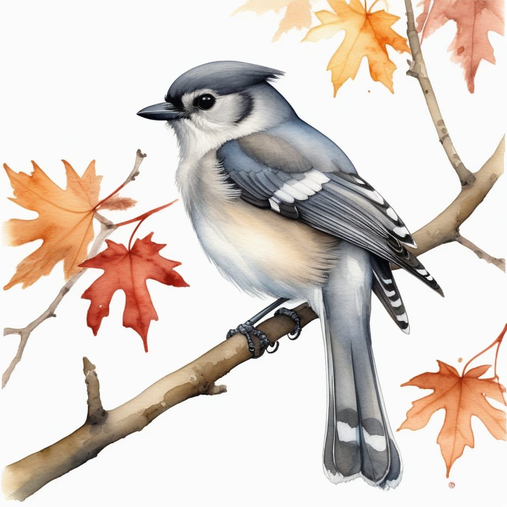 Gray Jay on Maple Branch Watercolor Painting