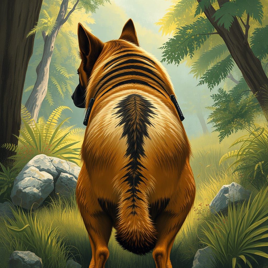 Striped Dog-Like Creature in Lush Environment