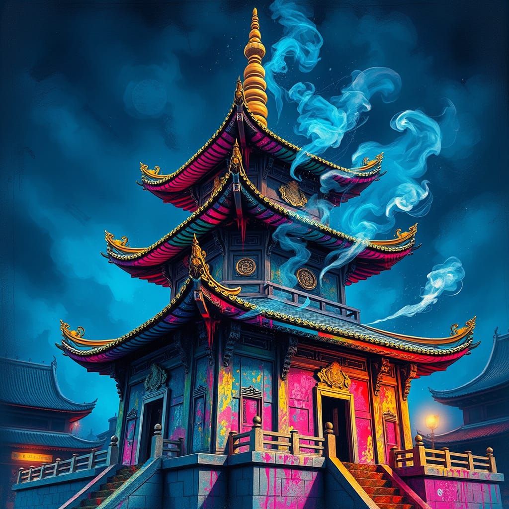 Vibrant Pagoda Graffiti Art at Night