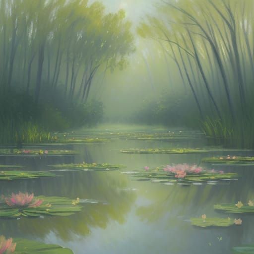 Vibrant Swamp Scene in Impressionist Style