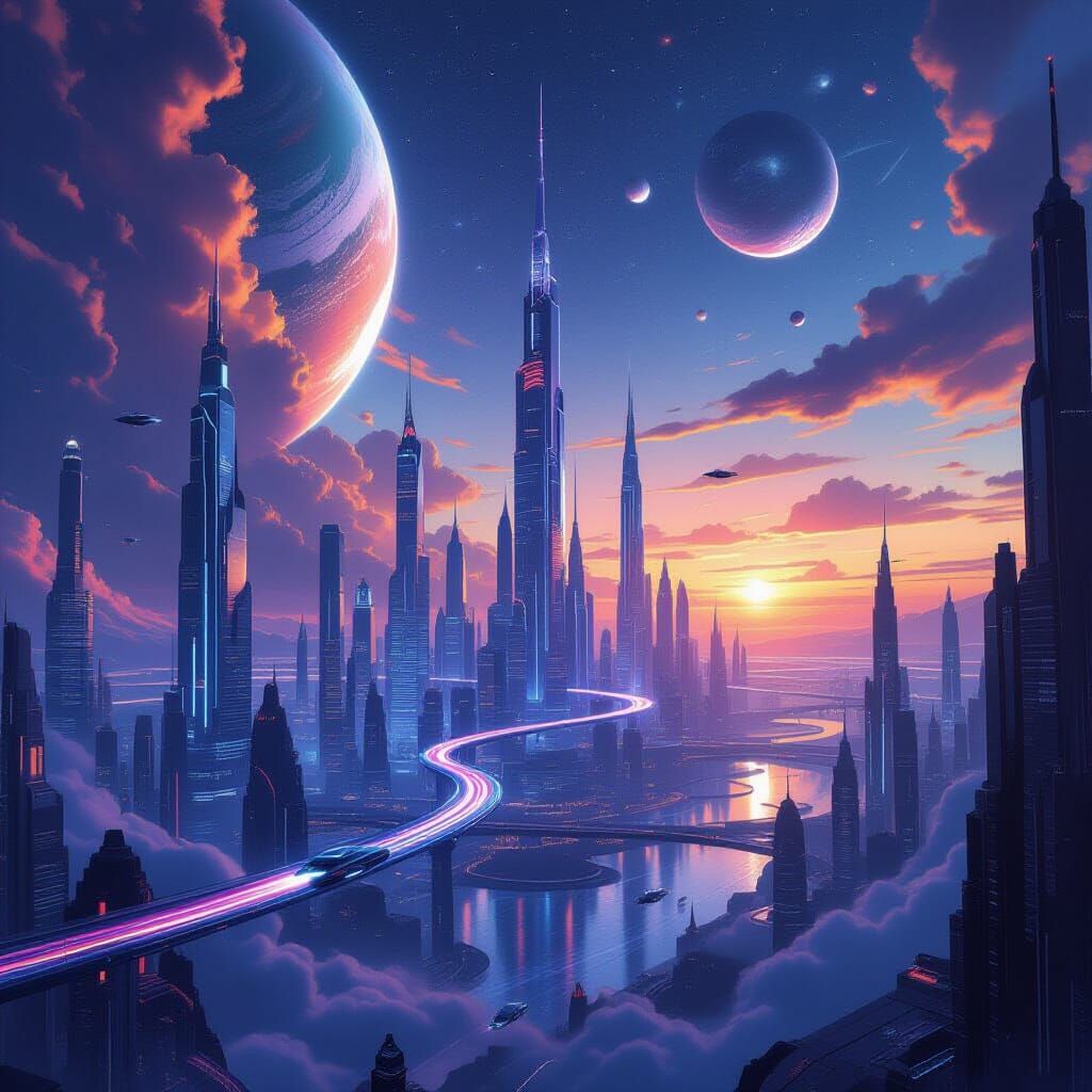 Interstellar Cityscape at Dawn in Hyperrealistic Style