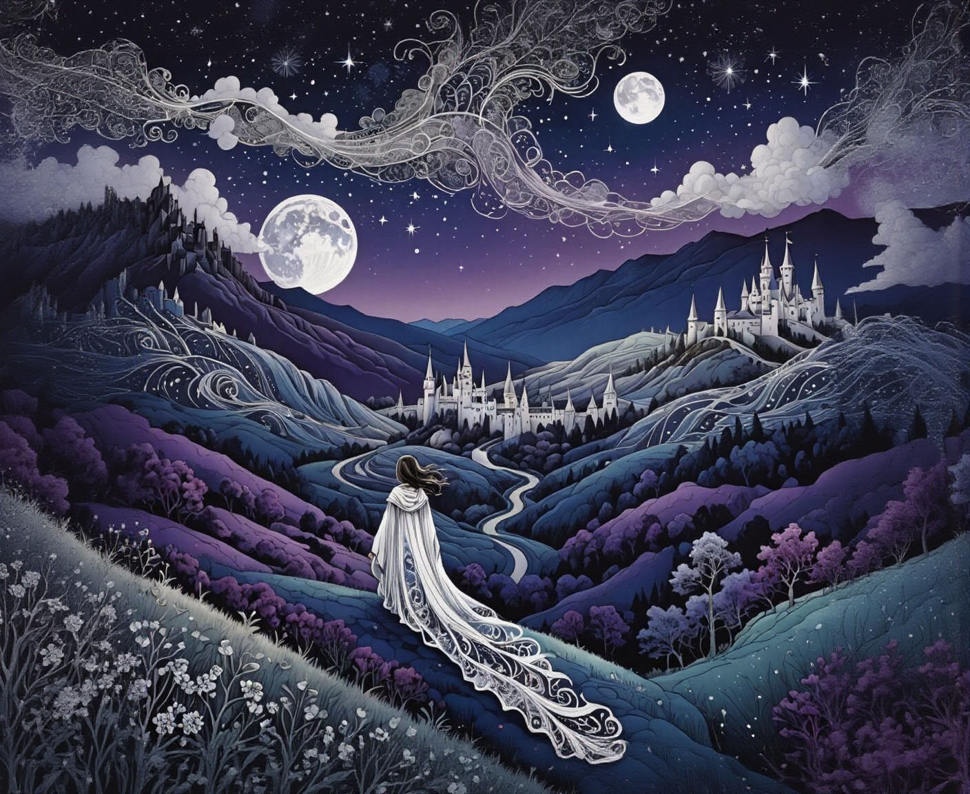 Fantasy Landscape with Cosmic Zentangle Art