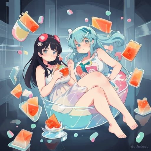 Anime Girls Feast on Jell-O in Factory