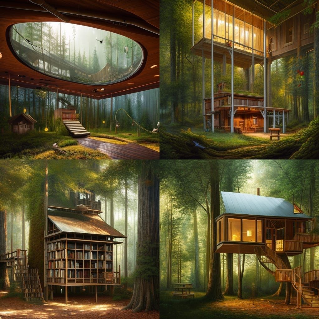Serene Treehouse Interior with Bookshelf and Lamp