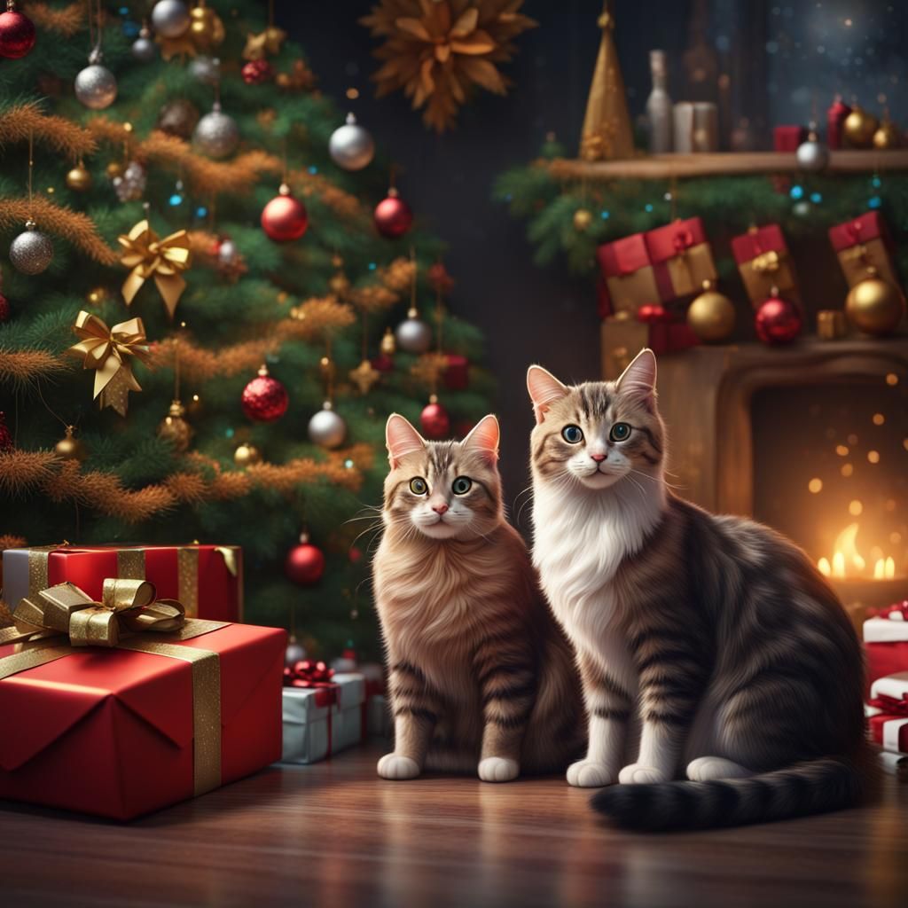 Cats Under Christmas Tree: Detailed Fantasy Art
