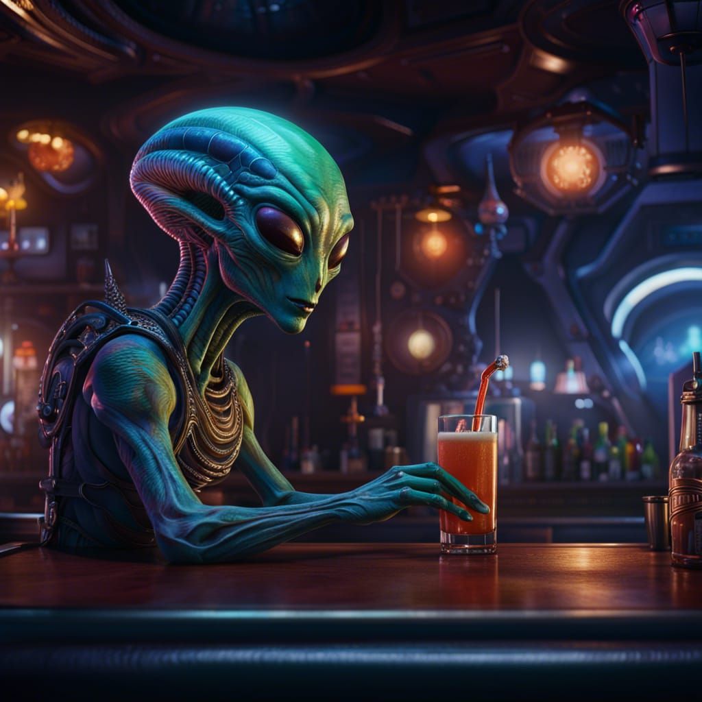 Alien in Space Bar: Detailed Matte Painting