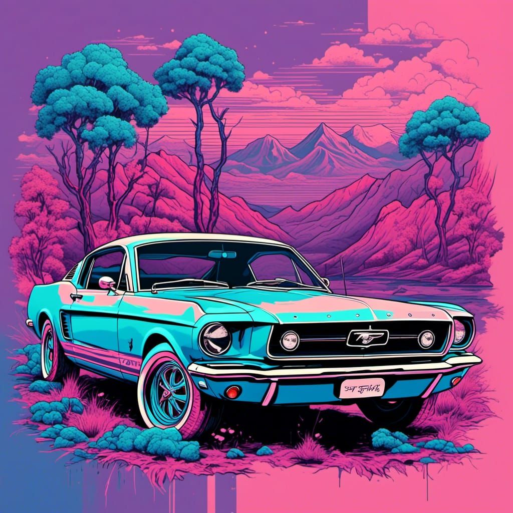 Vaporwave Ford Mustang in Screen Print Style