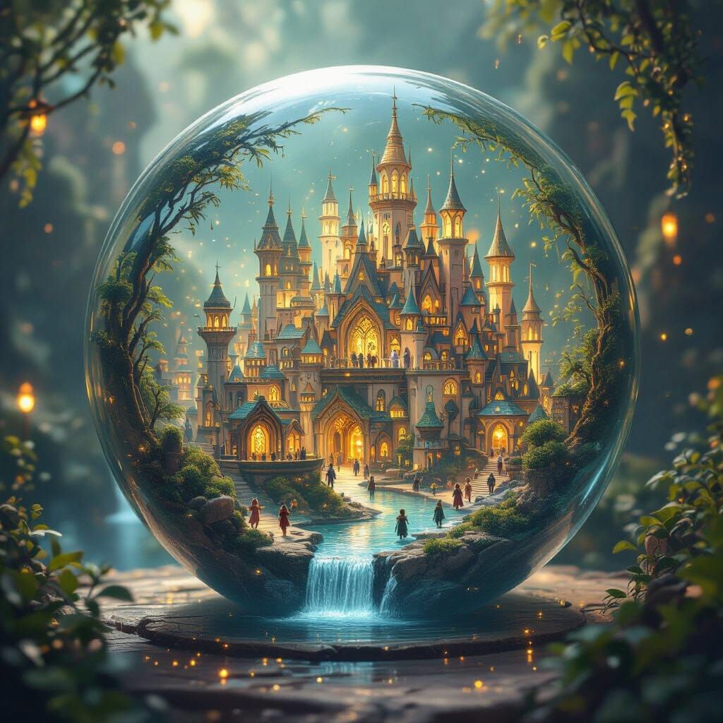 Elven City in Glass Orb: Ethereal Fantasy Art