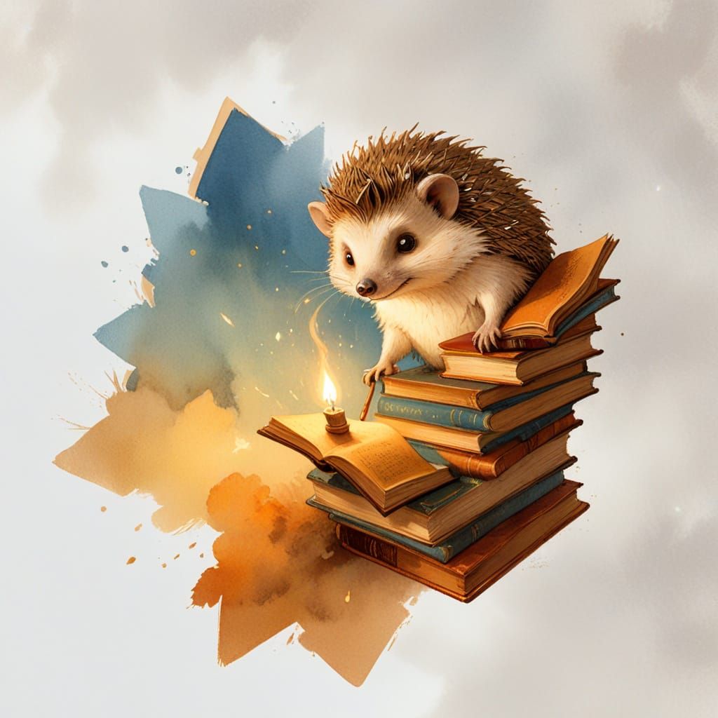 Whimsical Hedgehog Librarian in Sepia Tones