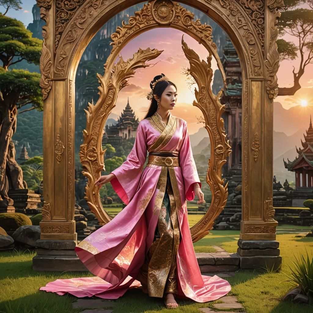 Asian Woman Emerges from Mirror in Anime Style