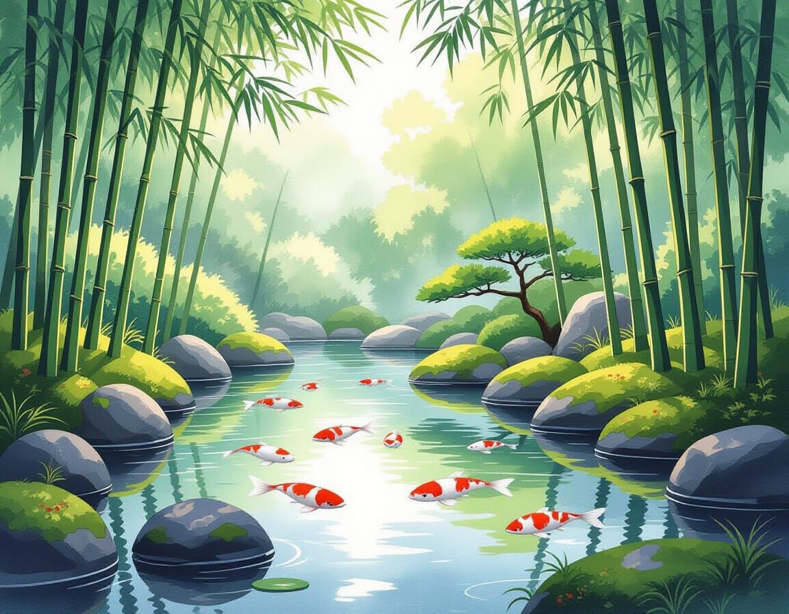 A serene koi pond in a hidden Japanese garden,