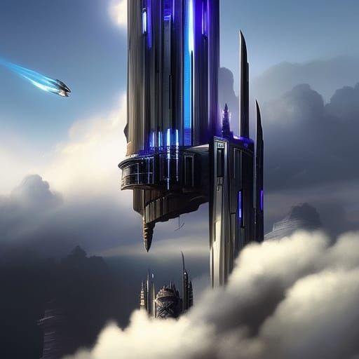 Futuristic Fantasy Tower Ascends Through Clouds