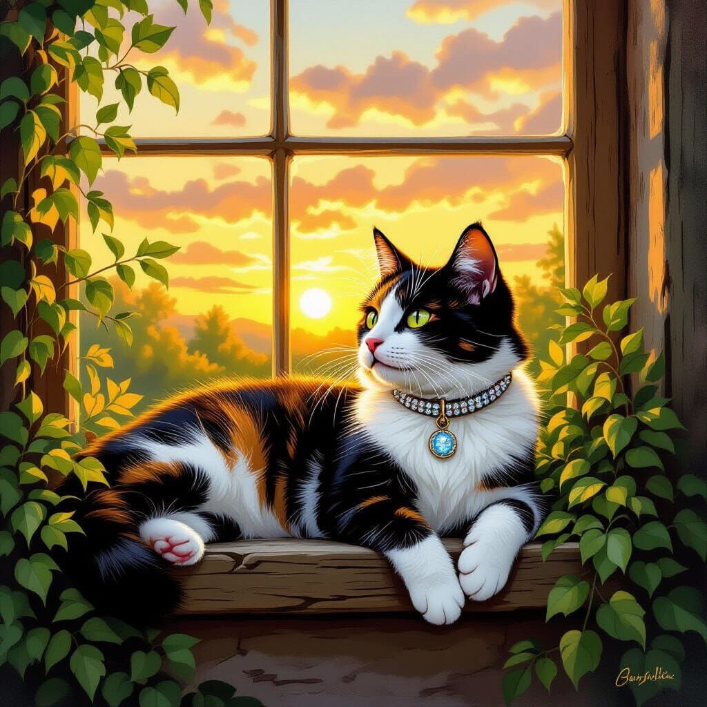 Calico Cat Lounging at Sunset in Whimsical Style