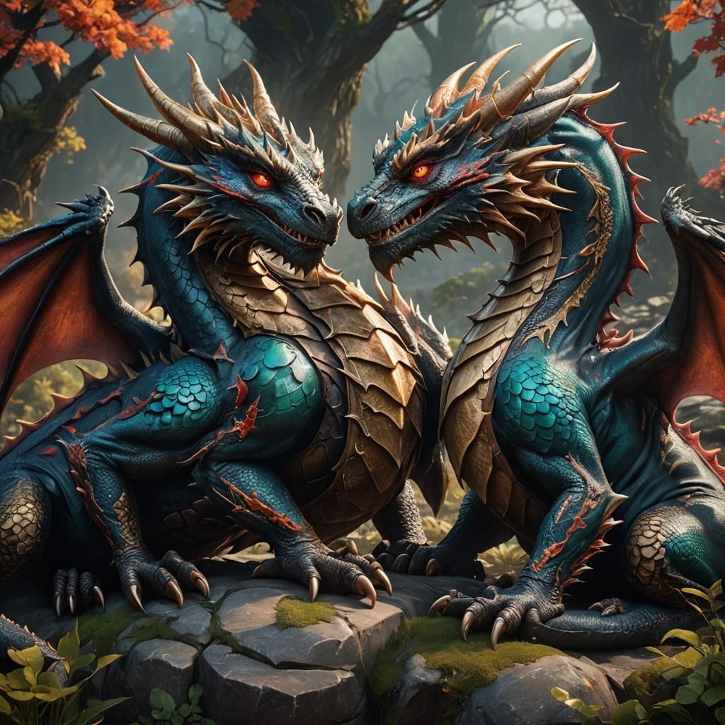 Two Dragons Cuddling: Fantasy Concept Art