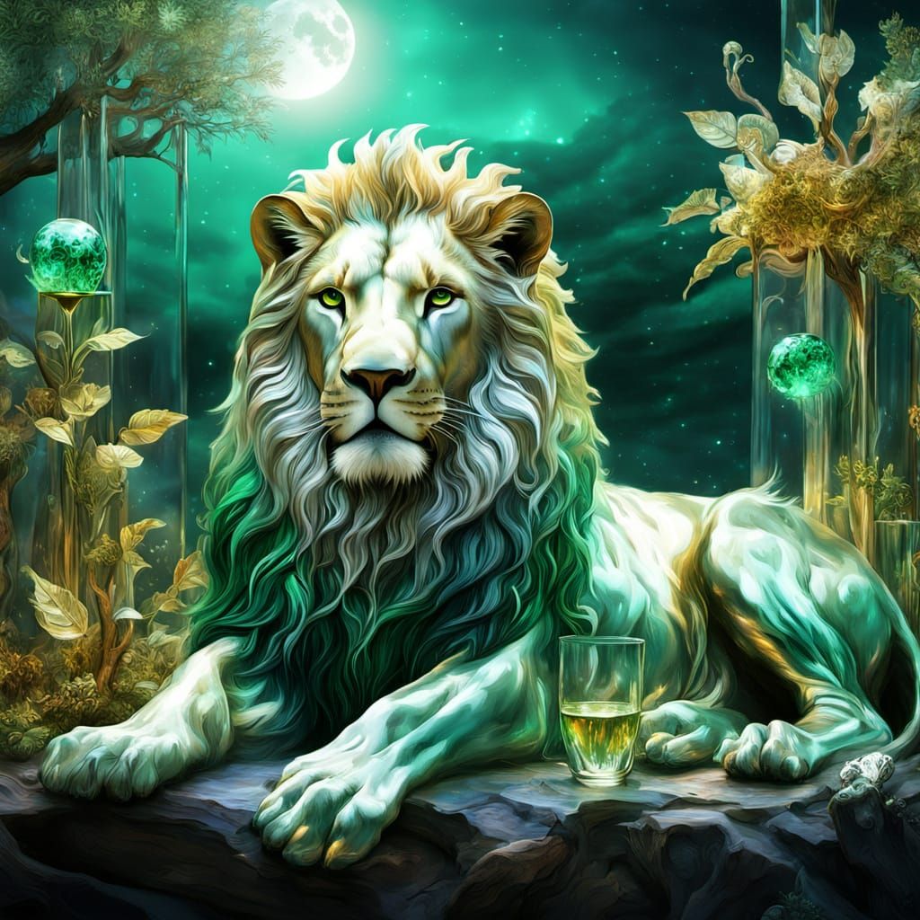 Lion-Dryad in Surreal Stardust Realm: Digital Art