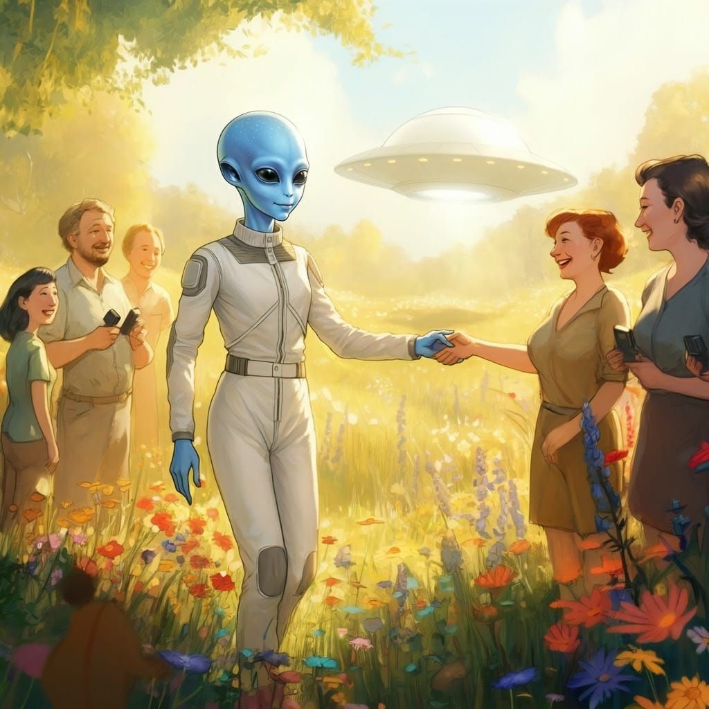 Enchanting Alien Encounter in Vibrant Summer Landscape