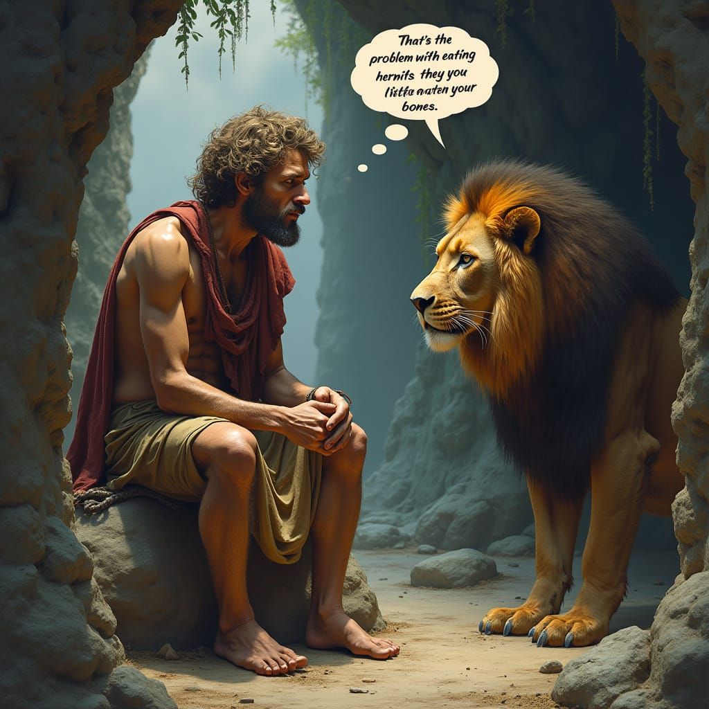 Saint Jerome in a Cave with a Lion, Fantasy Art