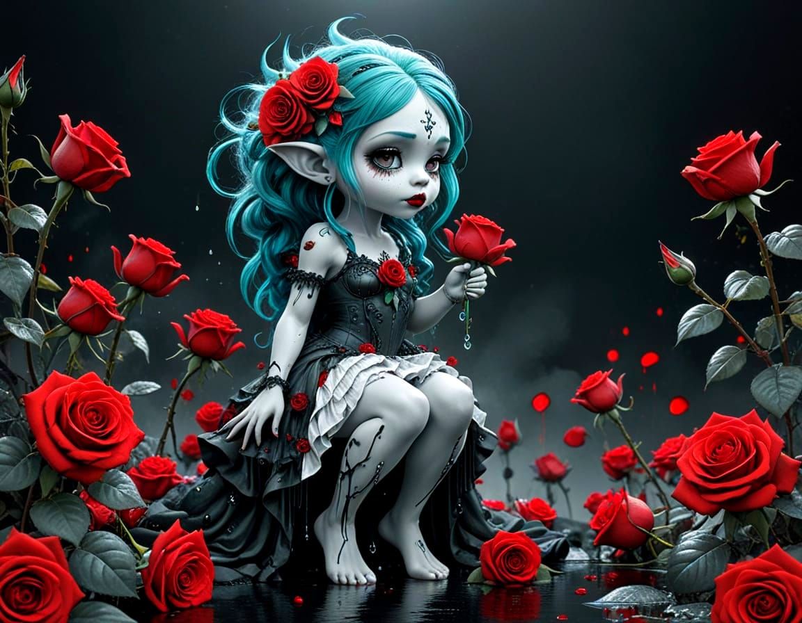 Cute Chibi Troll Sniffing Roses in Graphite Style